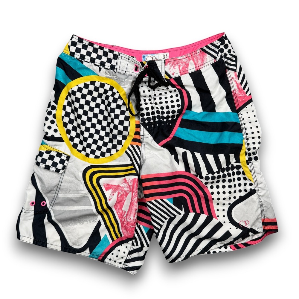 Op Board Shorts Mens 34 Multi Abstract Geometric Graphic Swim Trunks Vtg Y2k 90s
